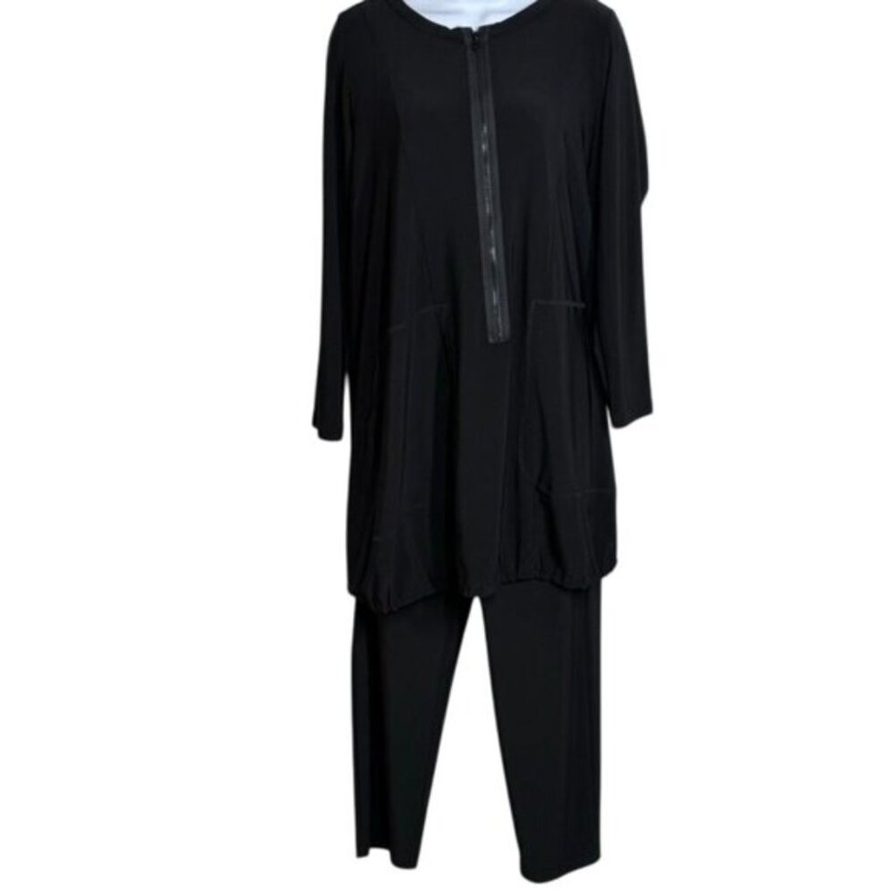Sun Kim Womens 2 Piece Tunic‎ /Pants 1/2 Zip Front Pockets Slinky Material Comfy